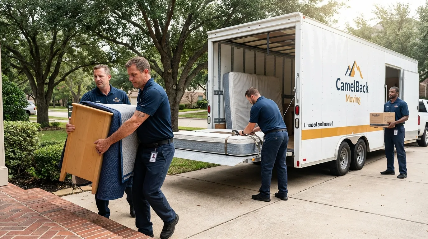 Crew loading residential truck for cross-state move from Boyd, TX
