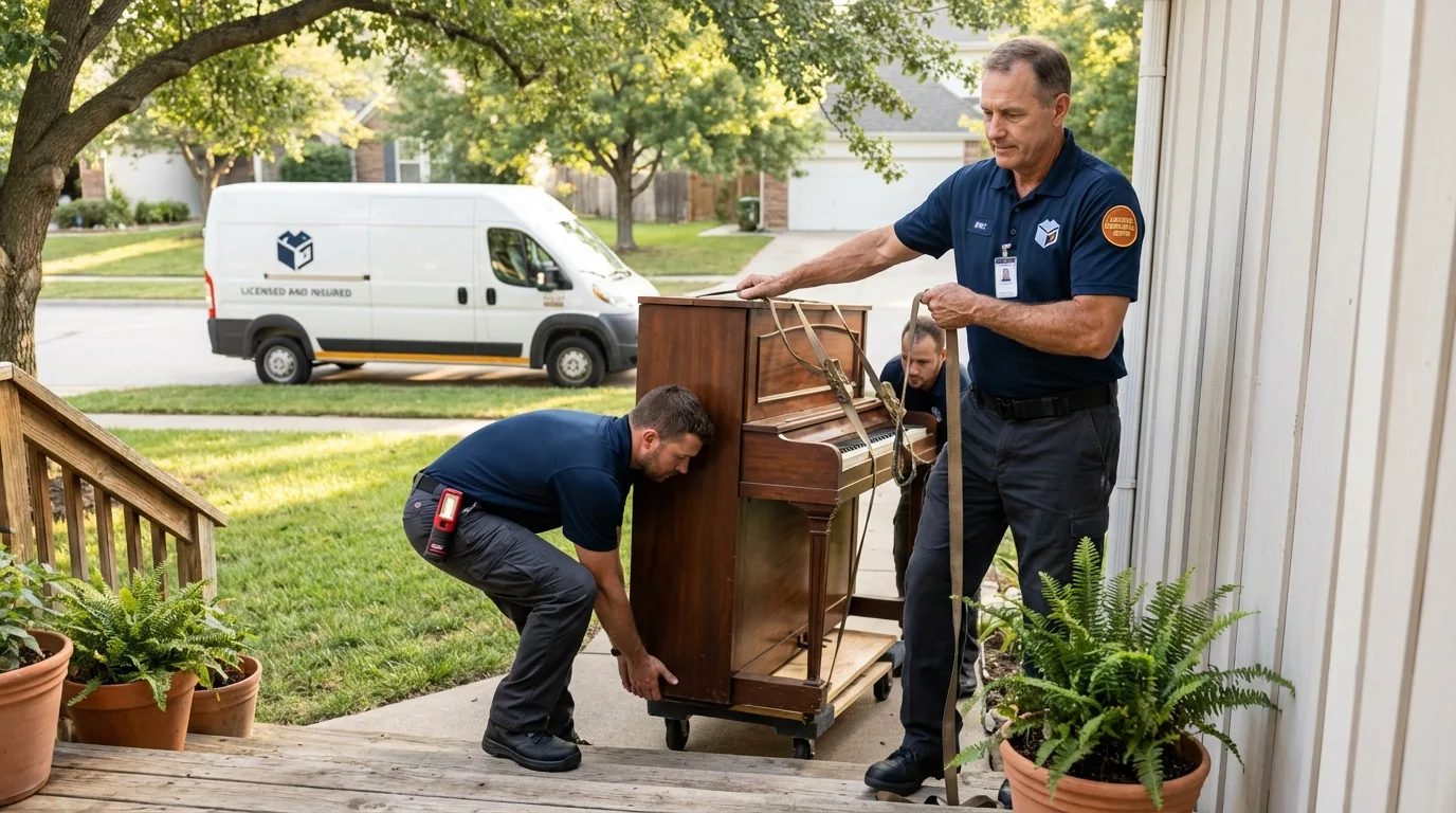 Licensed piano movers securing grand piano in Boyd, TX
