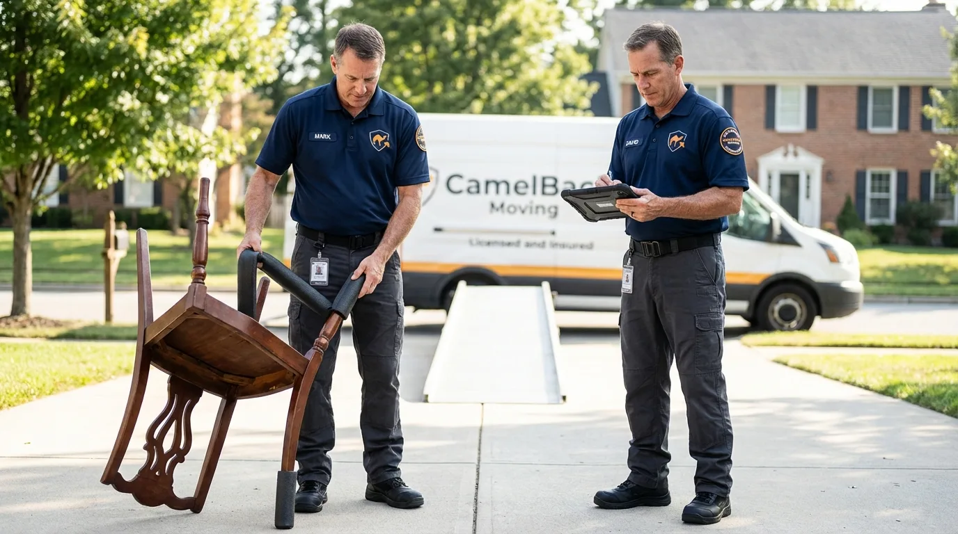 Movers inspecting furniture for damage prevention before loading in Boyd, TX