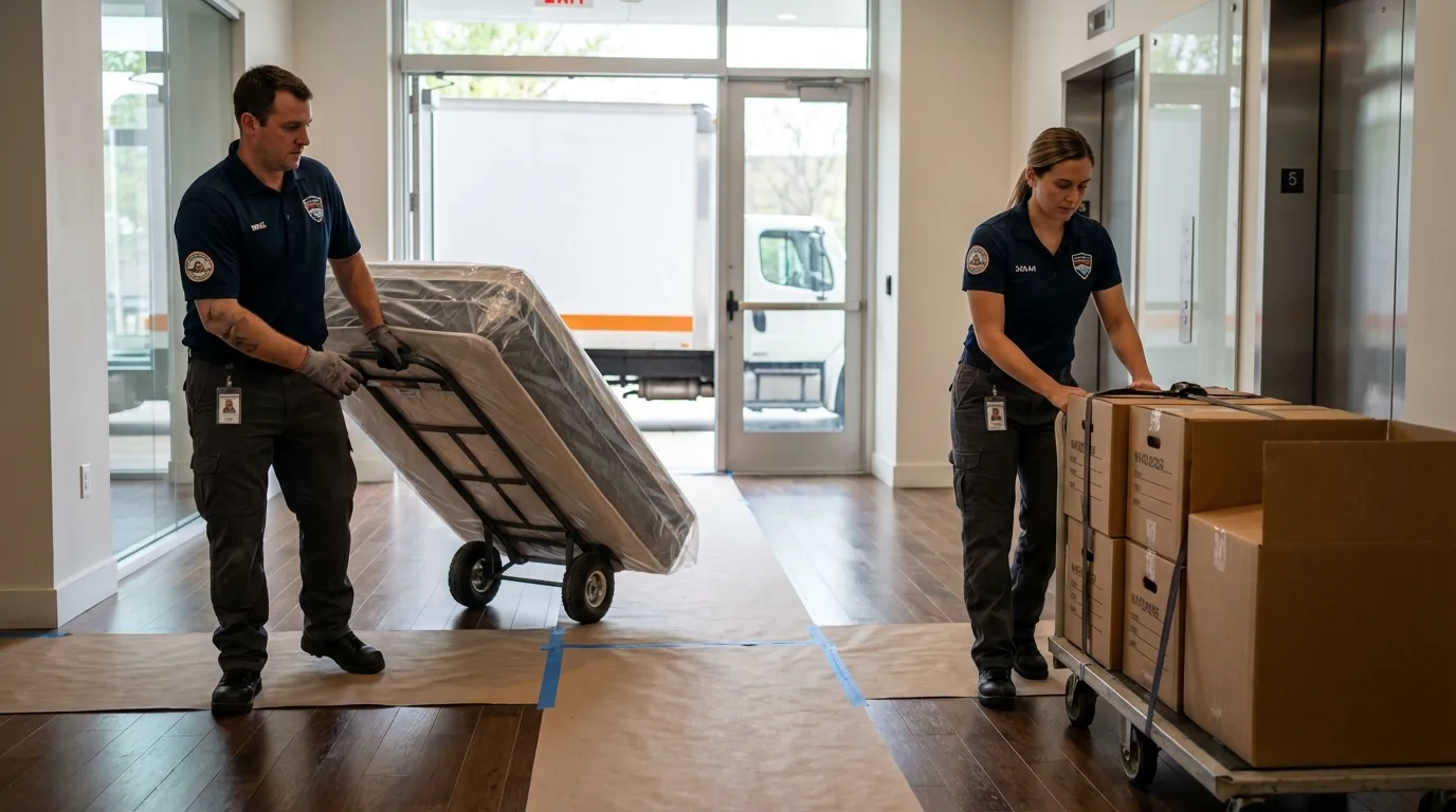Professional apartment movers loading elevator in Boyd, TX