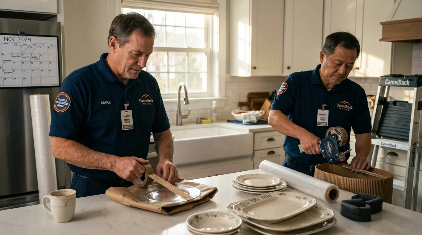 Professional crew packing kitchen dishware in Boyd, TX